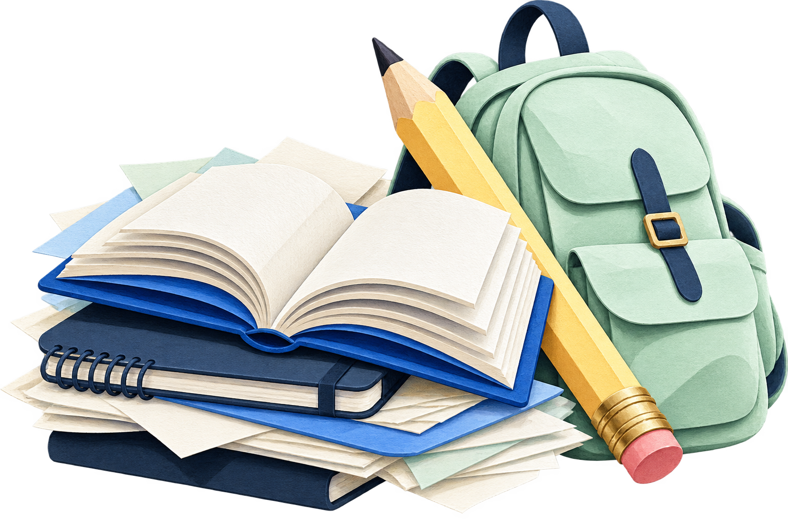 An open textbook, lecture notes, a mint backpack and a yellow pencil