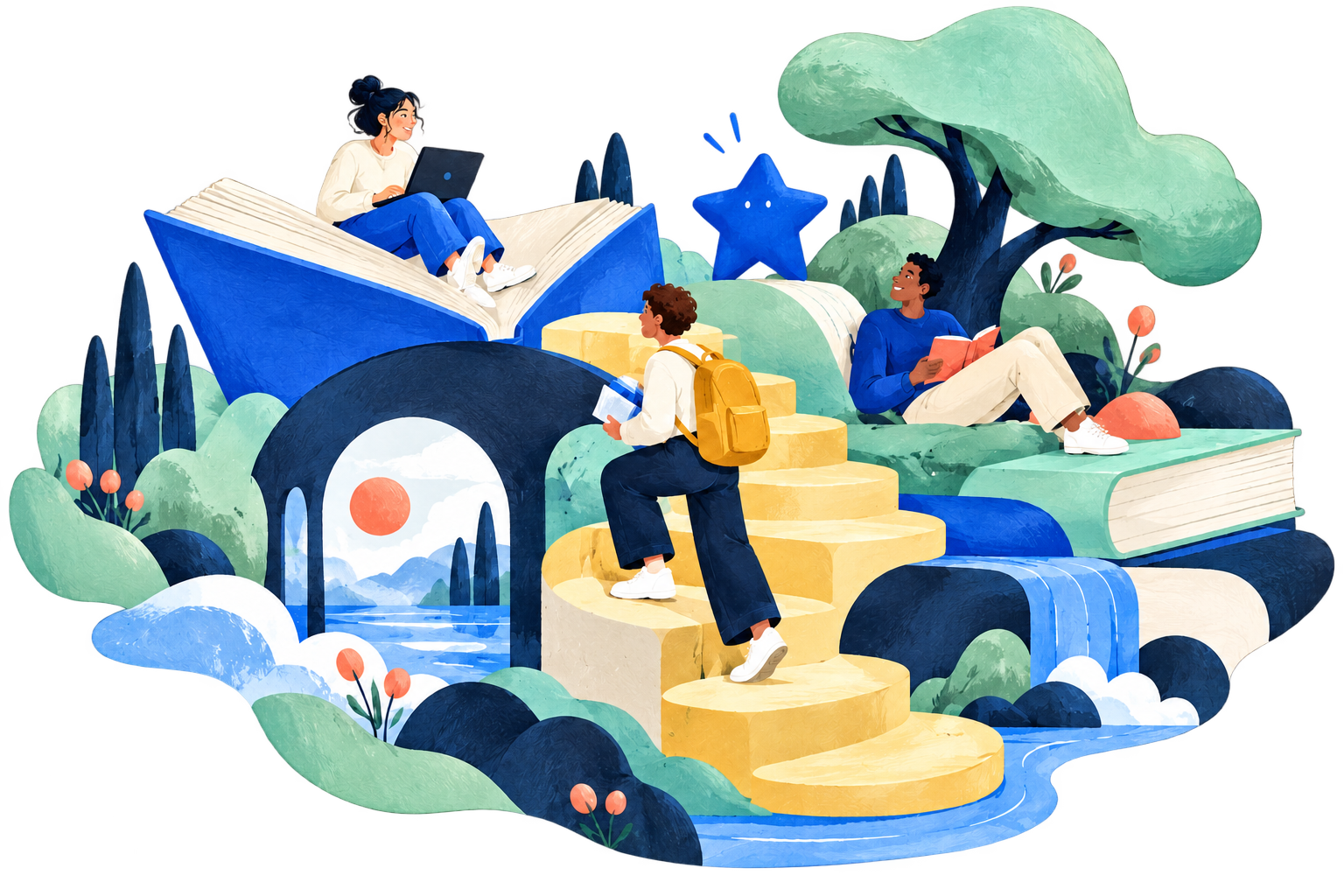 Students exploring a playful world of oversized books, yellow steps and a friendly blue star