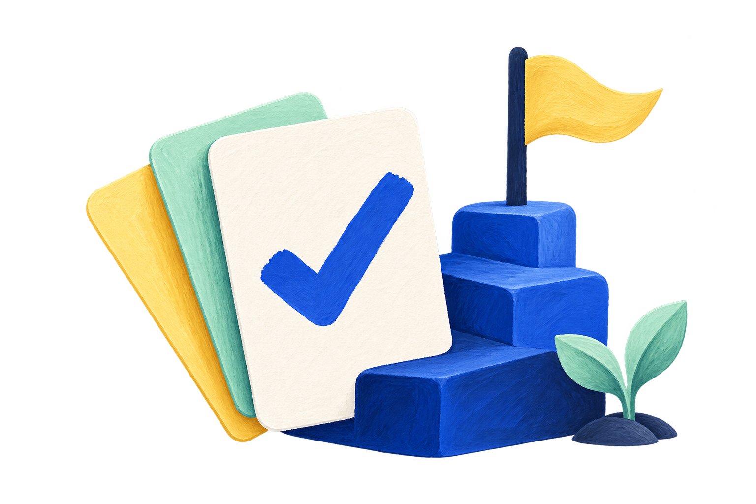 Recall cards beside ascending blue steps and a yellow flag