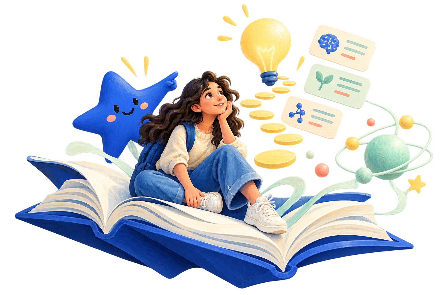 A student on an oversized open book with a blue star companion, floating recall cards and a lightbulb