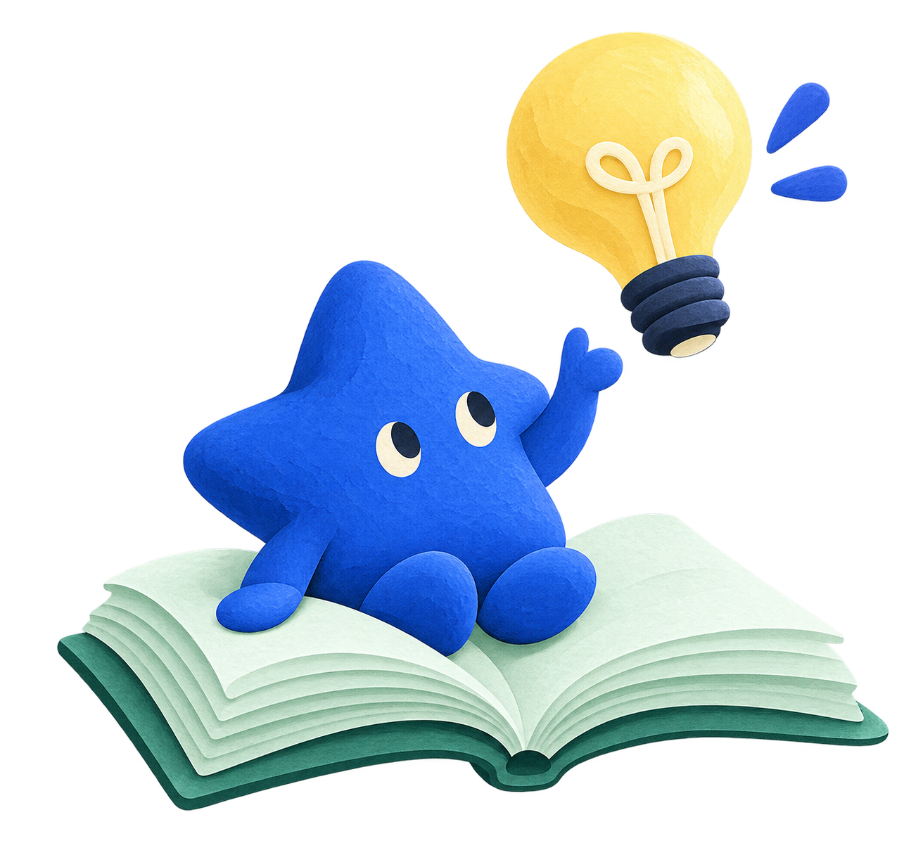 A friendly blue star on an open book reaching toward a yellow lightbulb