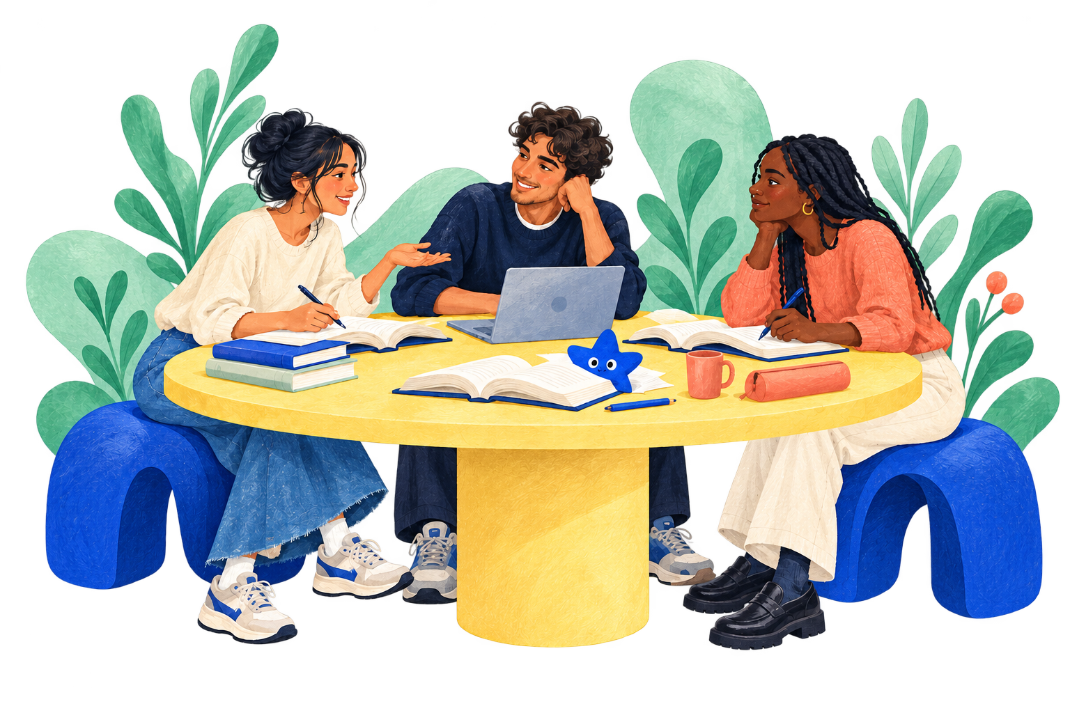 Three students sharing ideas around a yellow study table